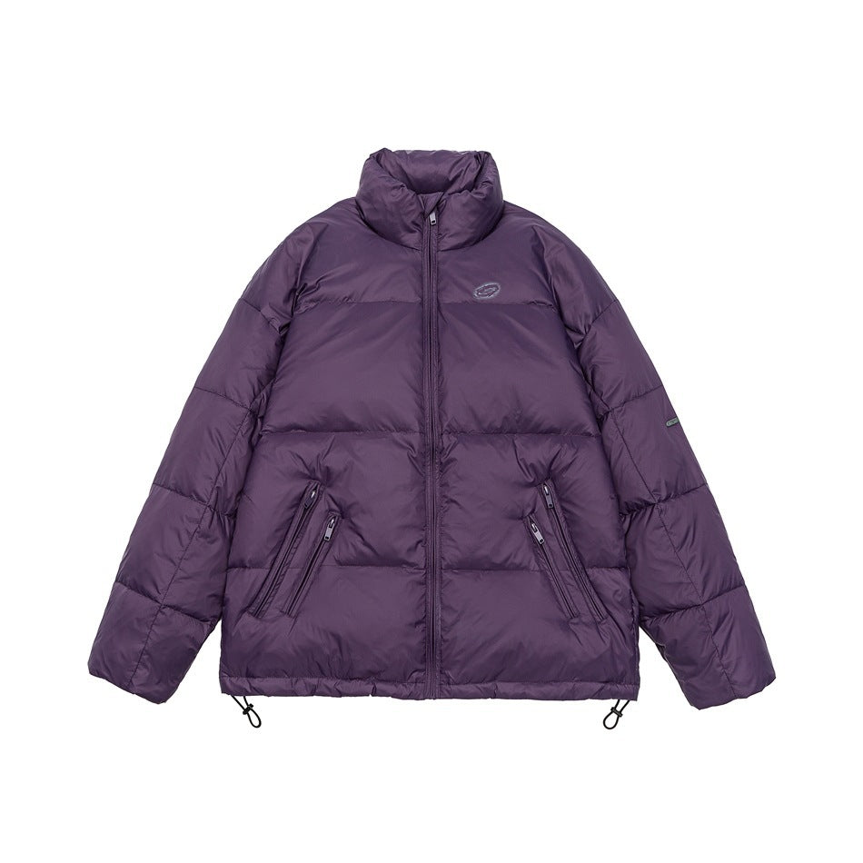 Purple quilted puffer jacket with stand collar, front zip, diagonal zip pockets and drawcord hem, flat front view