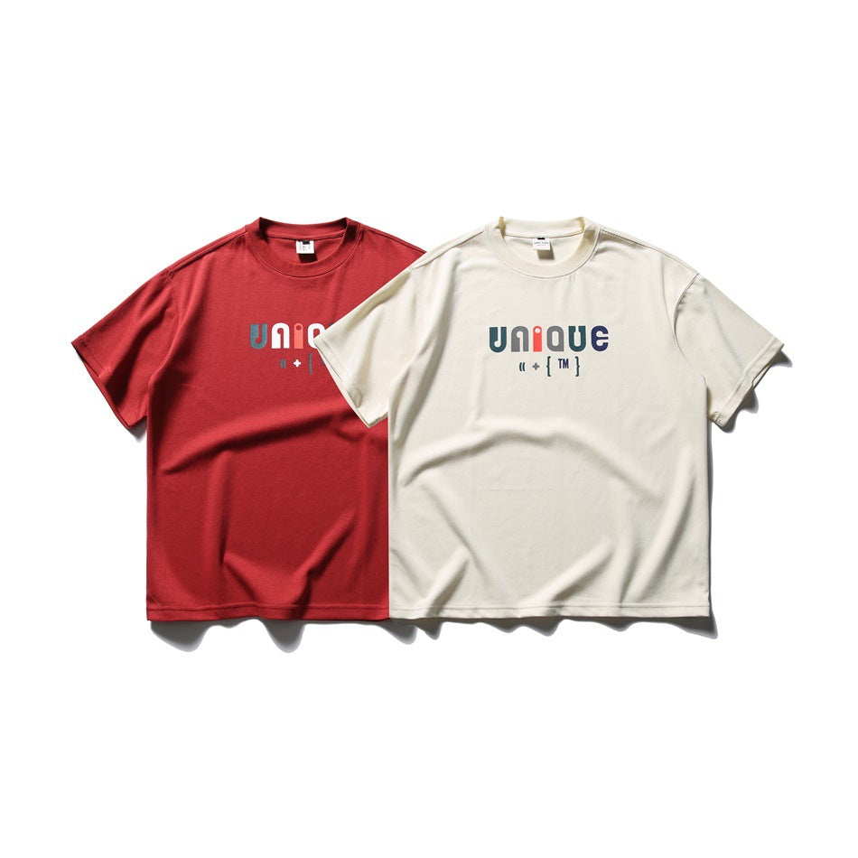 Two short-sleeve crew-neck T-shirts shown from the front, one red and one off-white, both with chest graphics.