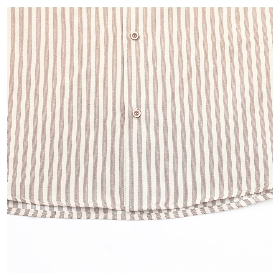 Cropped flat view of a cream shirt with narrow taupe stripes, front buttons, and a curved hem.