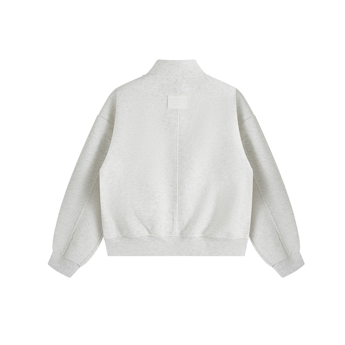 Light gray sweatshirt jacket shown from the back, with a center seam, dropped sleeves, ribbed cuffs and hem.
