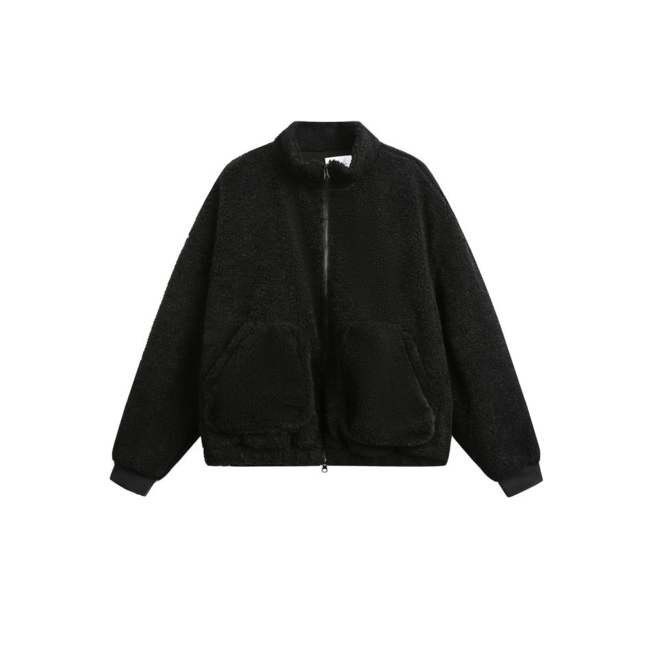Black fleece-like stand-collar zip jacket with two large front pockets and ribbed cuffs, flat front view