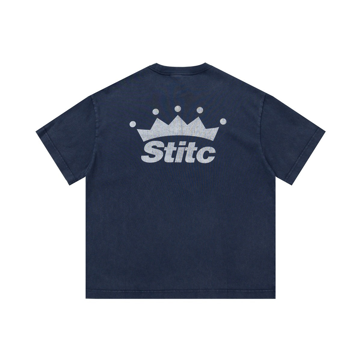 Back view of washed blue short-sleeve T-shirt with large light gray crown graphic and wordmark print