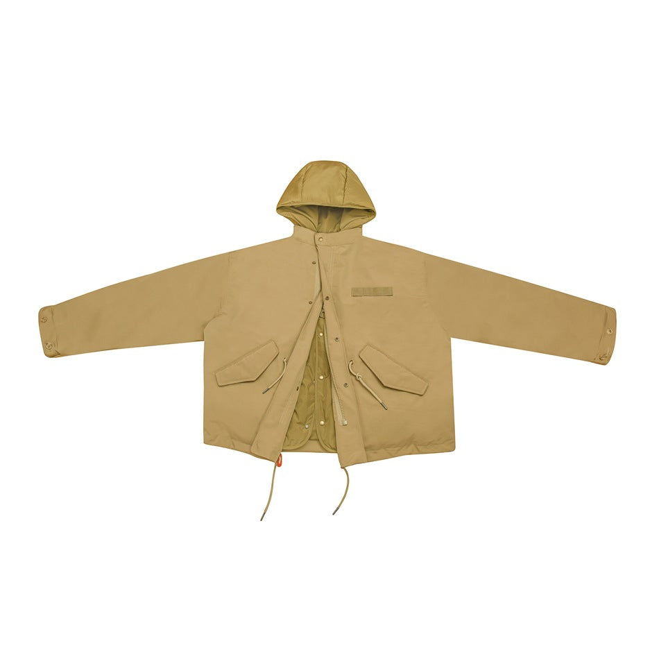 Khaki hooded jacket laid flat, open at the front, with flap pockets, drawstrings and quilted-looking inner layer