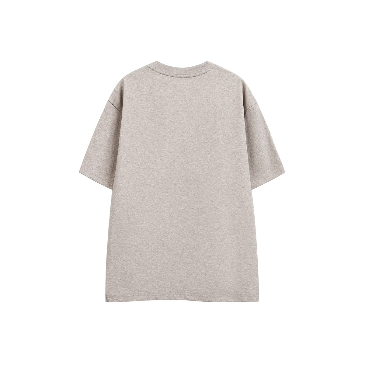 Back view of heathered khaki short-sleeve crew-neck T-shirt with plain back and dropped shoulders