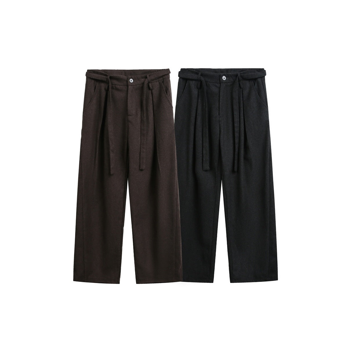 Front view of brown and charcoal wide-leg trousers with pleats, belt loops, buttons, and long waist ties.