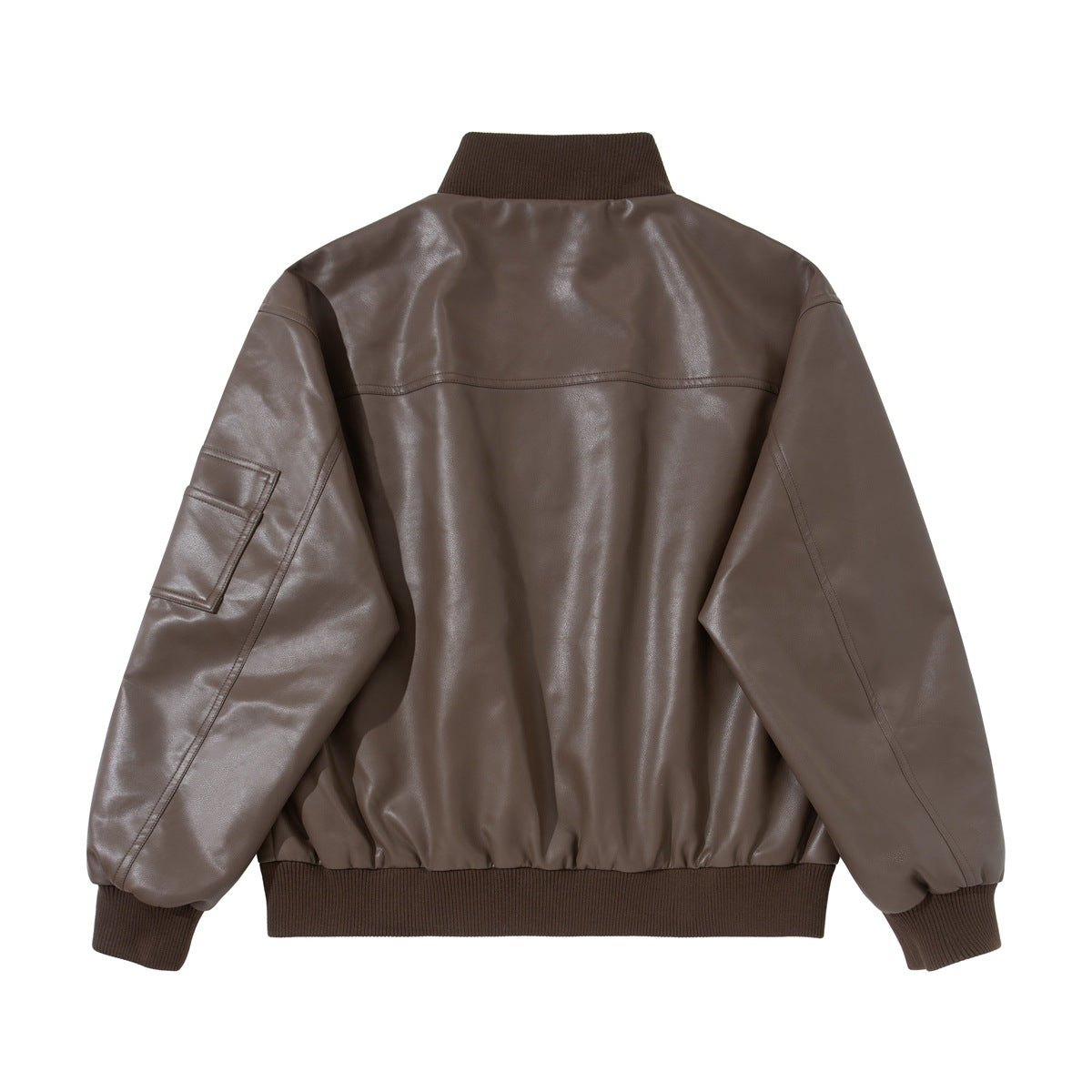 Back view of a brown jacket with a dark ribbed collar, cuffs, and hem and a sleeve pocket.