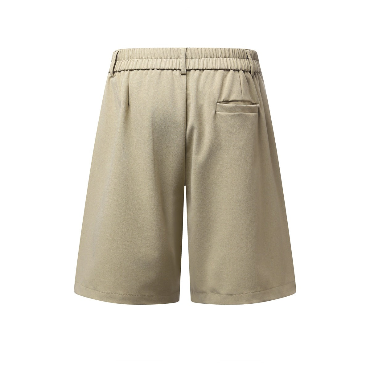 Beige pleated shorts, back view, with elastic waistband, belt loops and one welt pocket