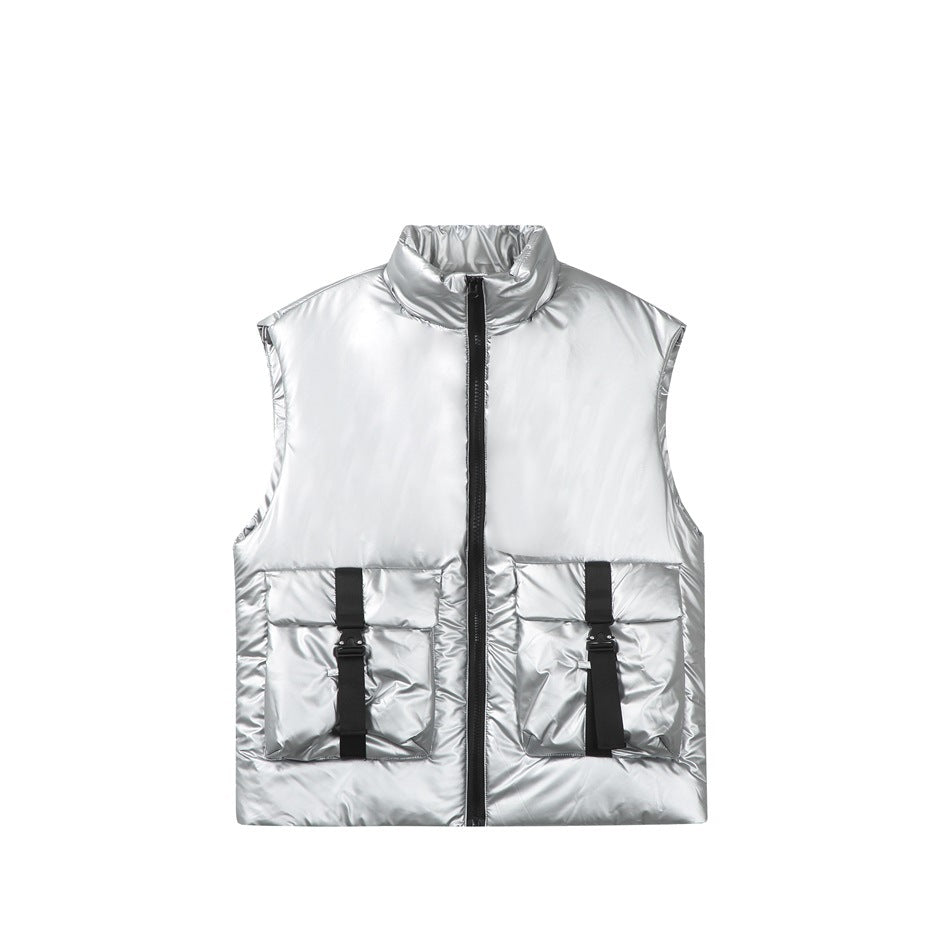 Metallic silver sleeveless padded stand-collar vest with black zipper and two buckle-strap flap pockets, flat front view
