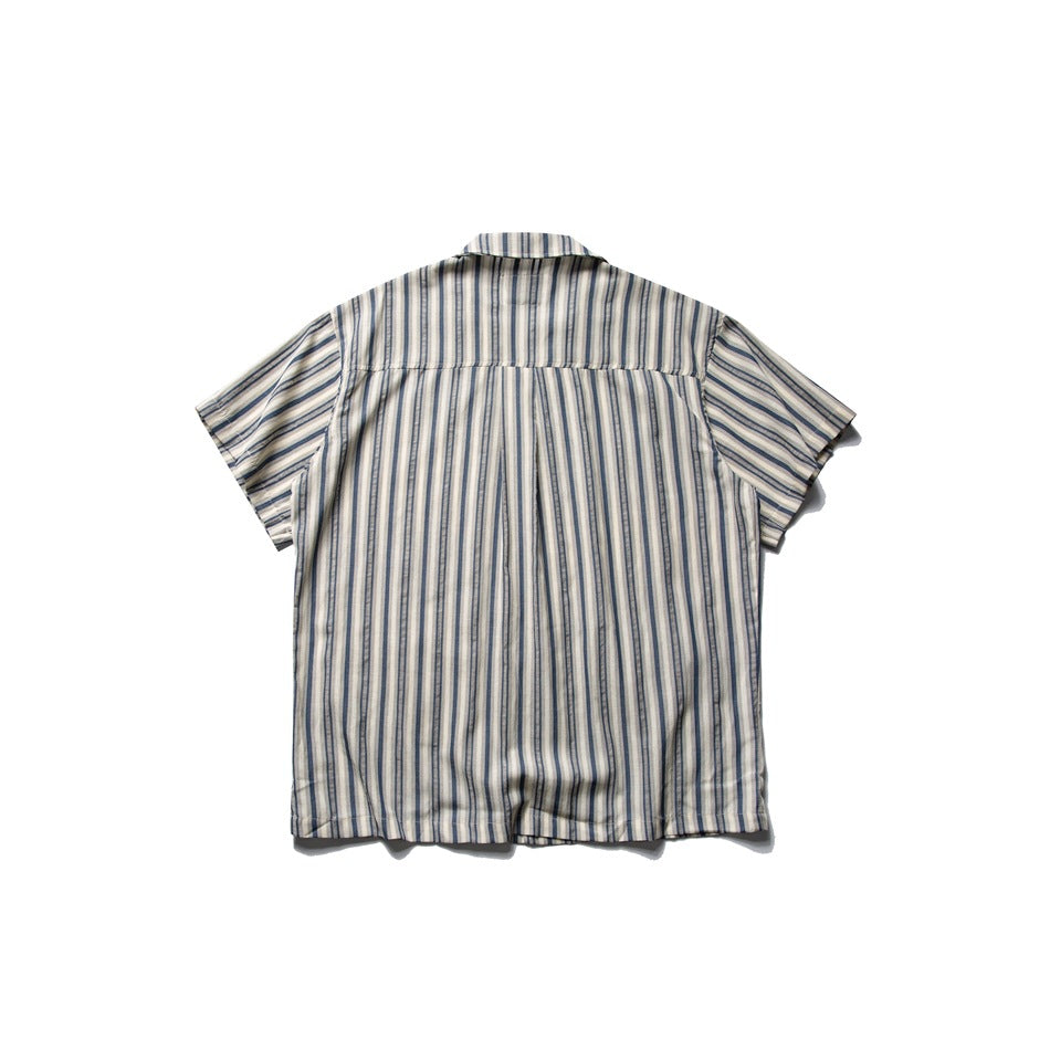 Back view of blue and cream striped short-sleeve shirt with back yoke seam and center pleat, flat lay
