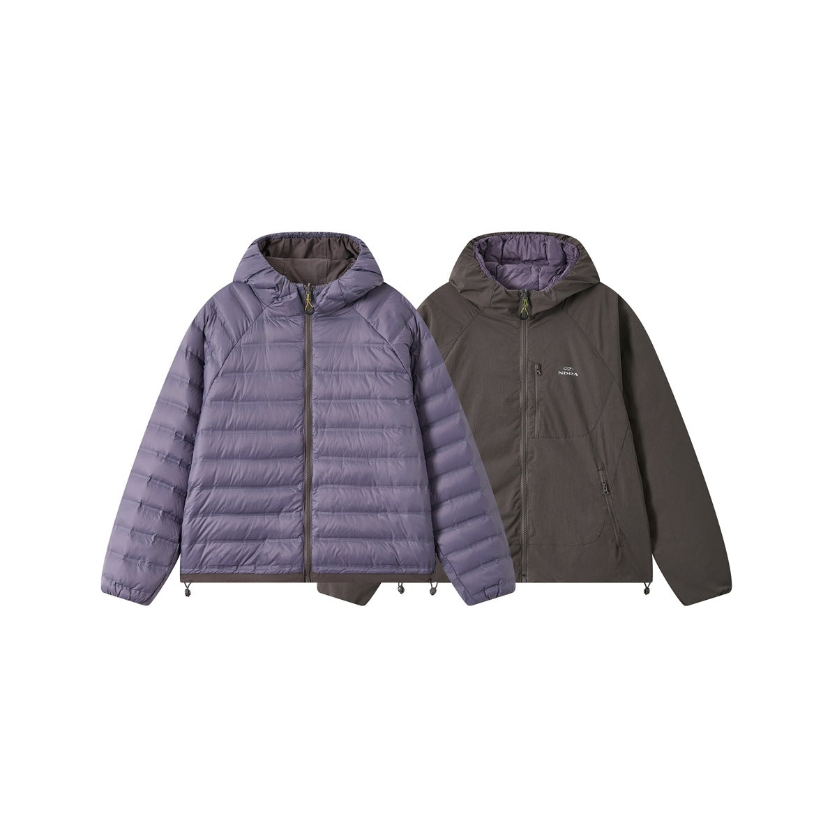Two hooded jackets shown together: a lavender-gray quilted jacket and a dark brown jacket.