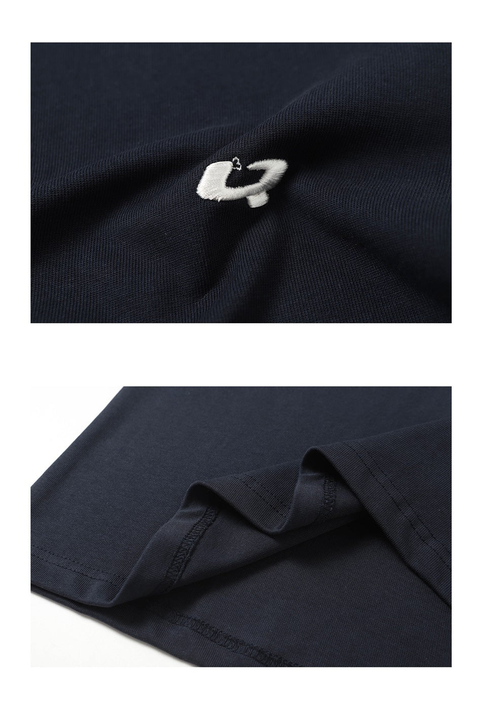 Close-ups of a white embroidered emblem and stitched hem on dark navy fabric.