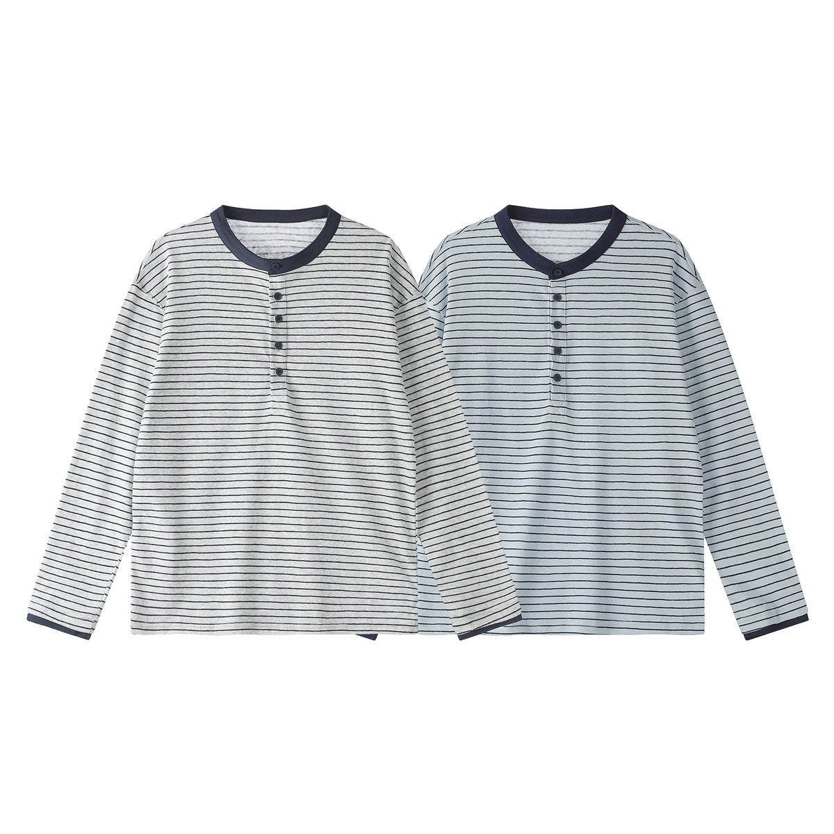 Two flat-lay long-sleeve striped henley shirts in gray and pale blue, both with navy trim and buttons.