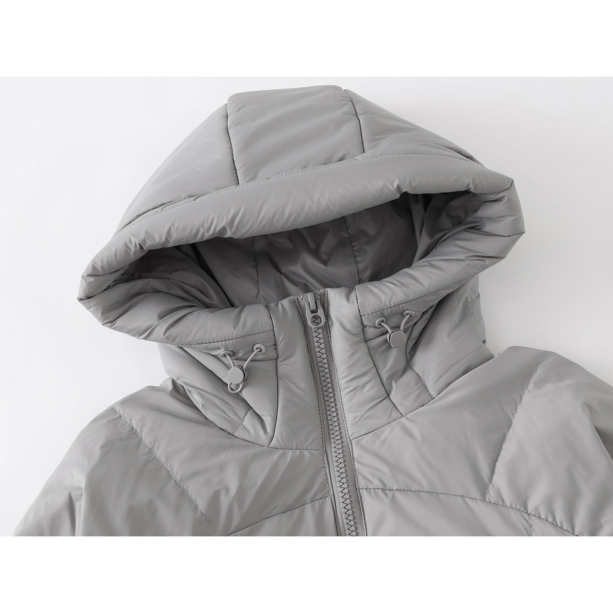 Close-up of a light gray padded jacket hood, high collar, front zipper, and adjustable drawcords.