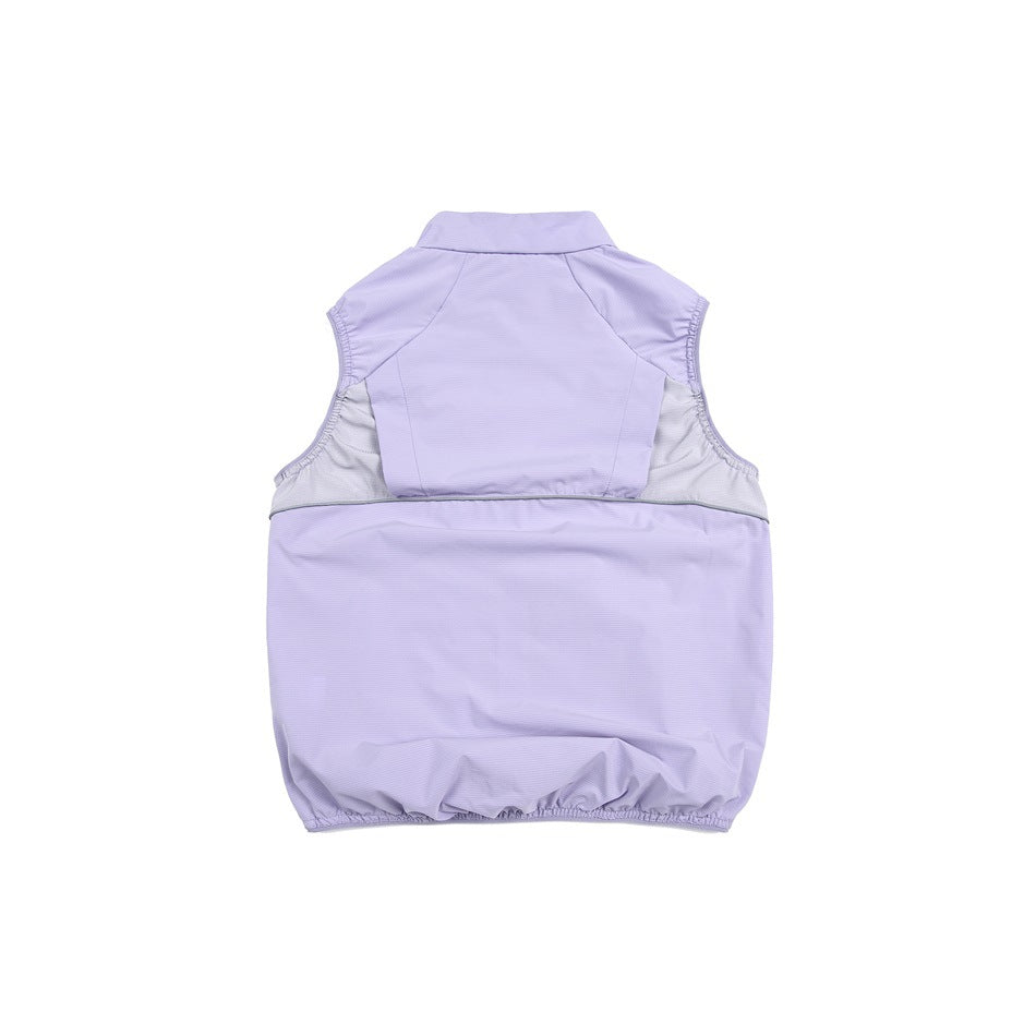 Back view of a light lavender sleeveless vest with pale side panels and an elasticized hem.