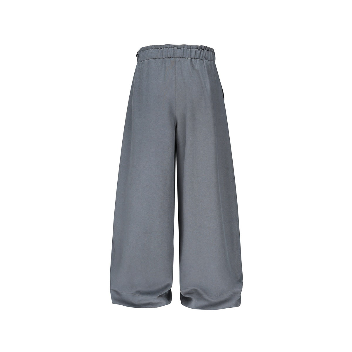Gray-blue wide-leg trousers, flat back view with elastic waistband