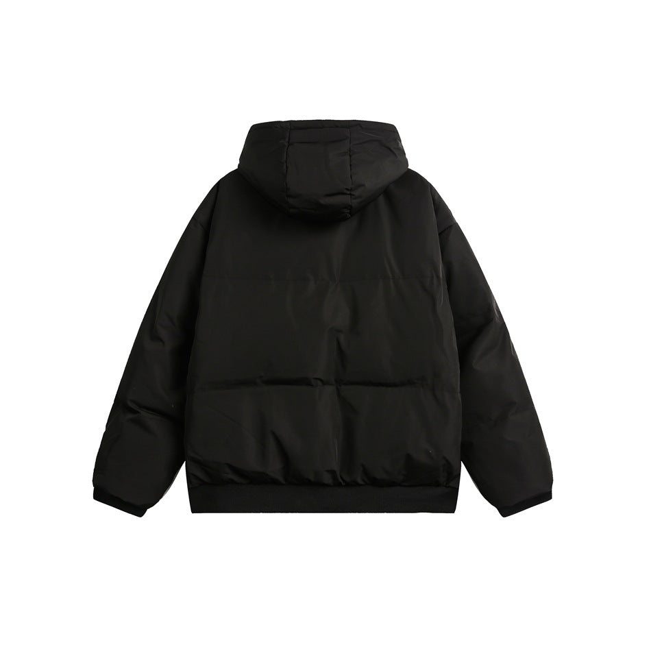 Back view of a black hooded padded jacket with horizontal quilted panels and ribbed cuffs and hem.