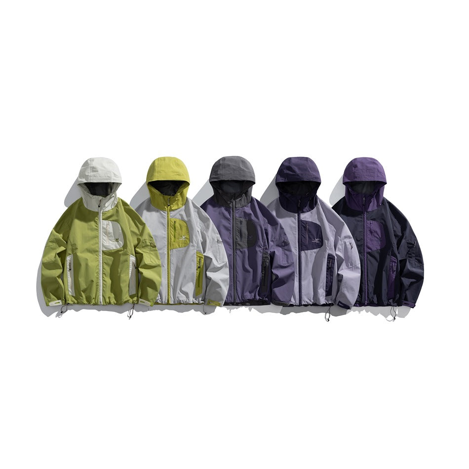 Five hooded outdoor jackets displayed together in green, white, gray, navy, and purple color combinations.