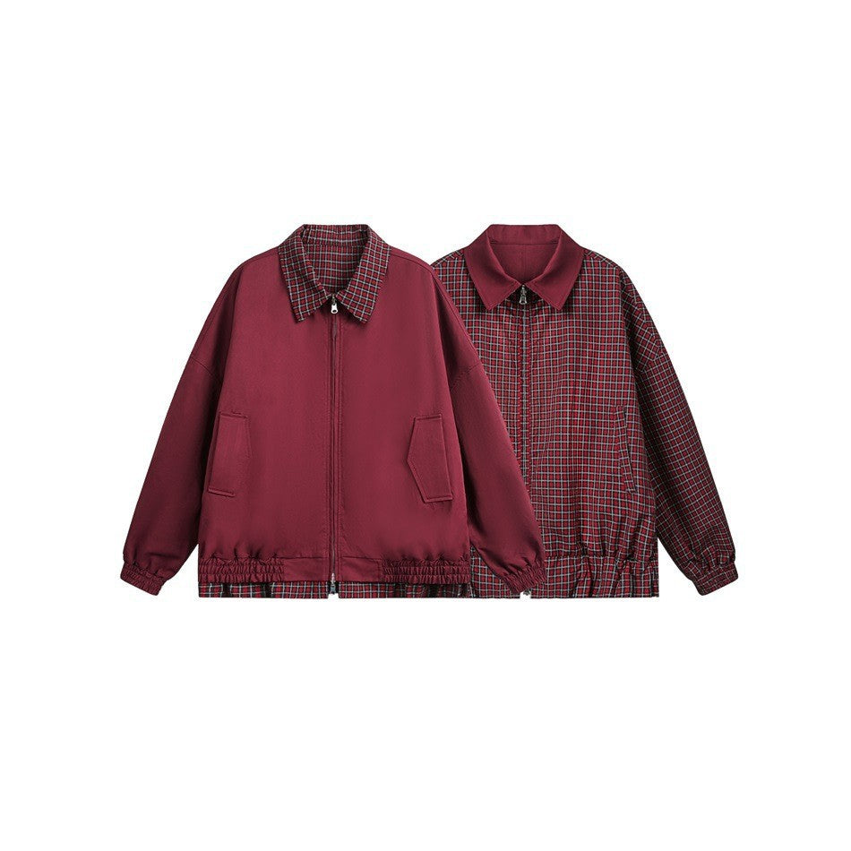 Reversible zip jacket shown flat, solid burgundy side next to red plaid side