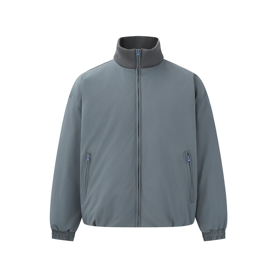 Gray full-zip stand-collar jacket with ribbed collar, zippered pockets and elastic cuffs, front flat view