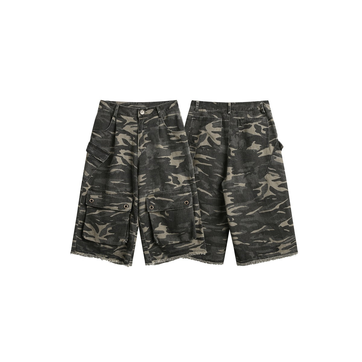 Dark gray and tan camouflage cargo shorts shown from the front and back, with large flap pockets and frayed hems.