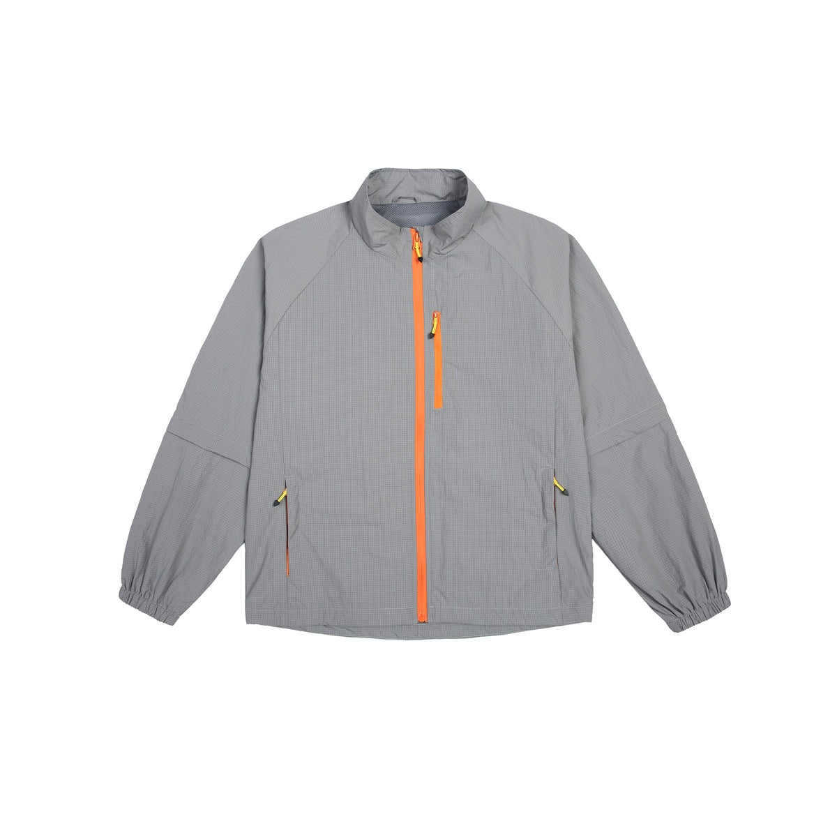 Gray zip-up stand-collar jacket with orange front zipper and chest pocket, flat front view