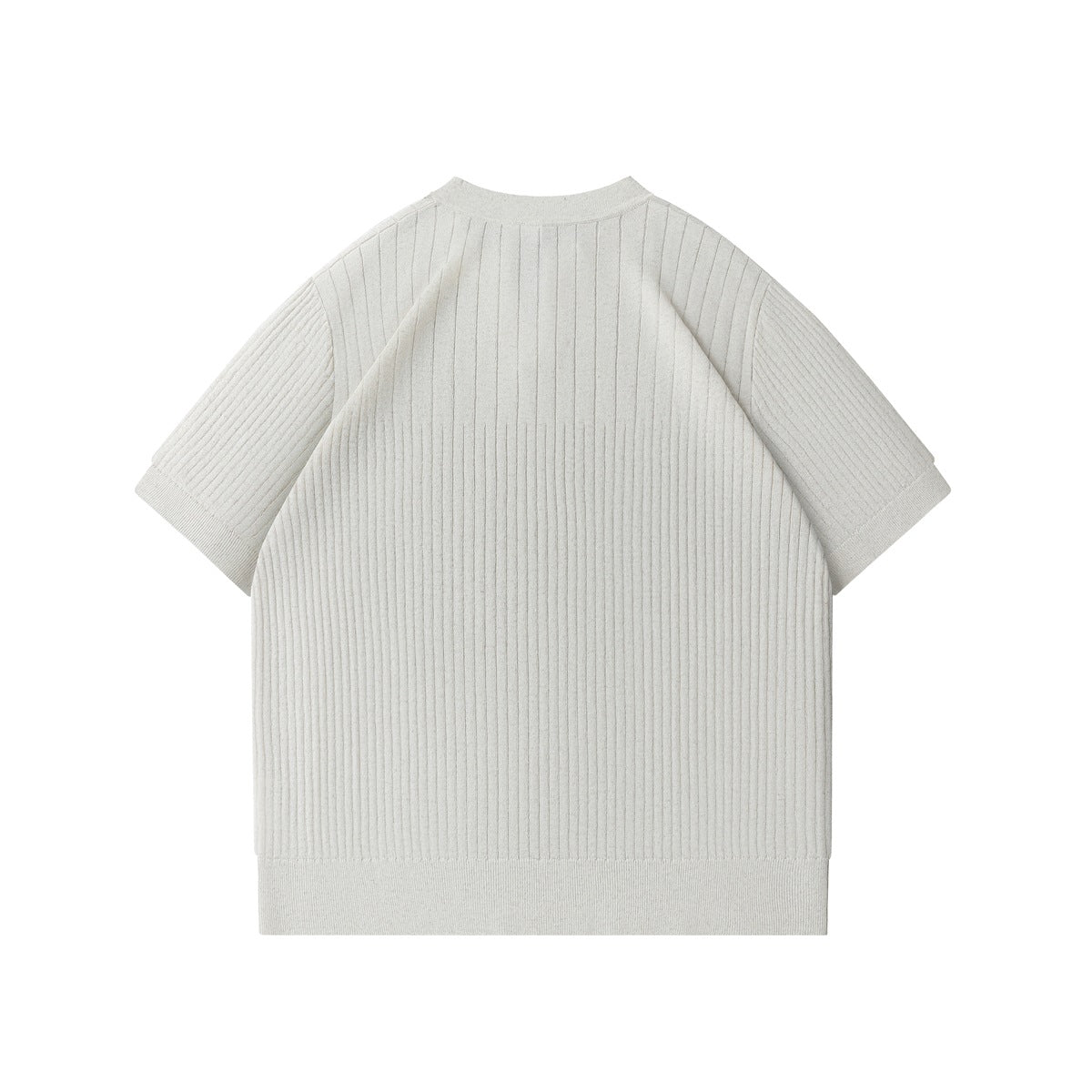 Back view of a light cream ribbed short-sleeve top with a crew neck and ribbed hem and cuffs.