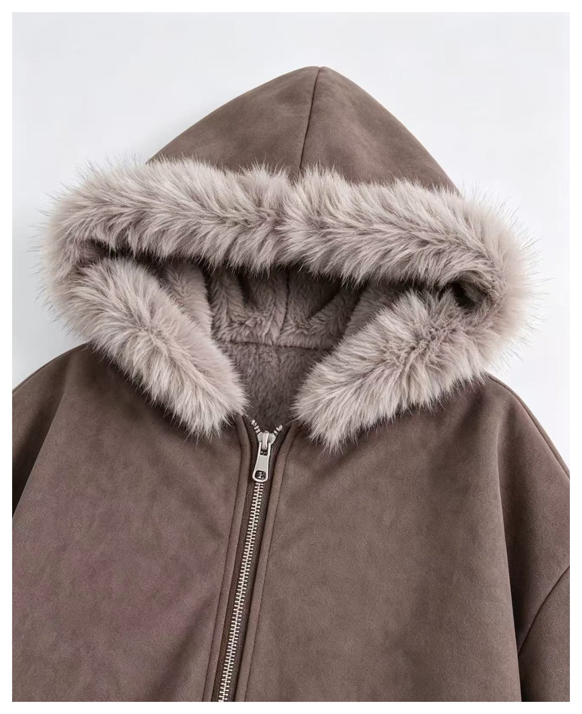 Close-up of the taupe jacket's hood, fluffy light trim, plush lining, and front zipper.
