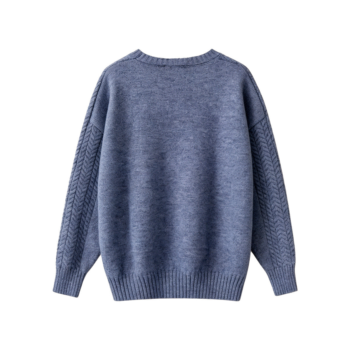 Back view of a blue-gray crewneck sweater with cable-knit sleeve panels and a ribbed hem and cuffs.
