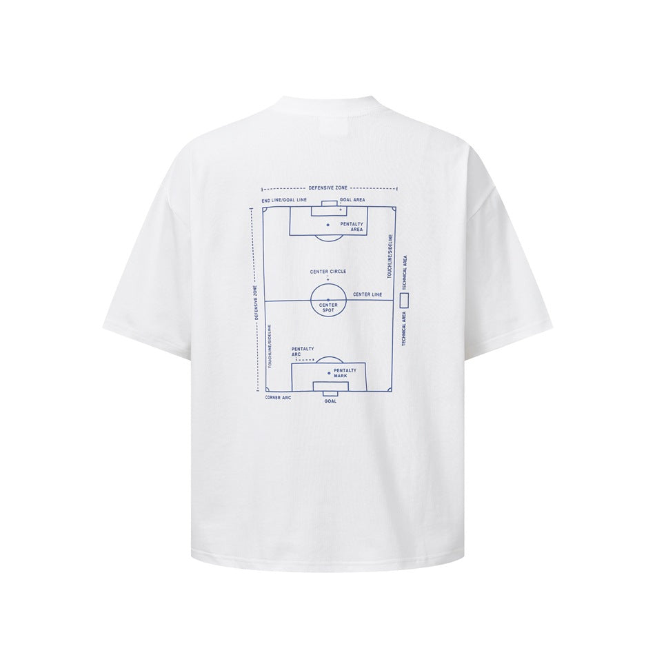 White short-sleeve T-shirt back with blue soccer pitch diagram print and English field labels