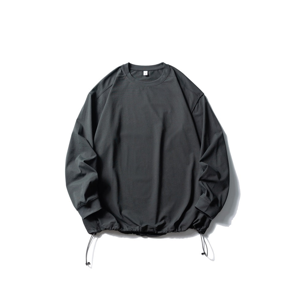 Dark gray long-sleeve crew-neck top flat lay with drawstring hem and toggle cords