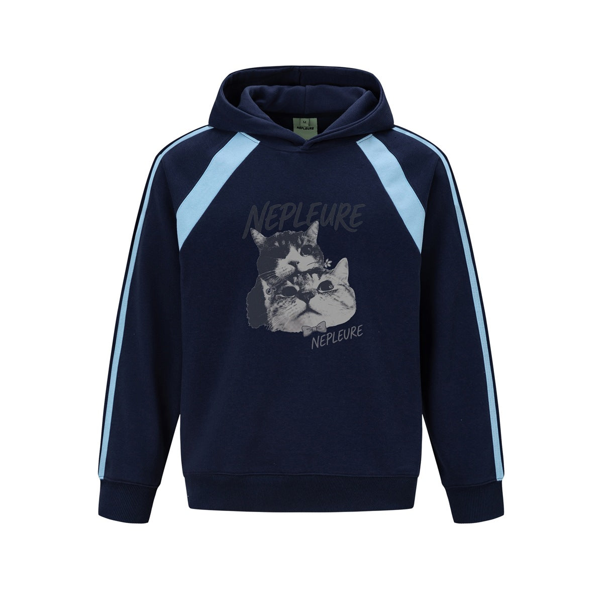 Navy blue hoodie with light blue shoulder panels and sleeve stripes and a two-cat graphic print on the front