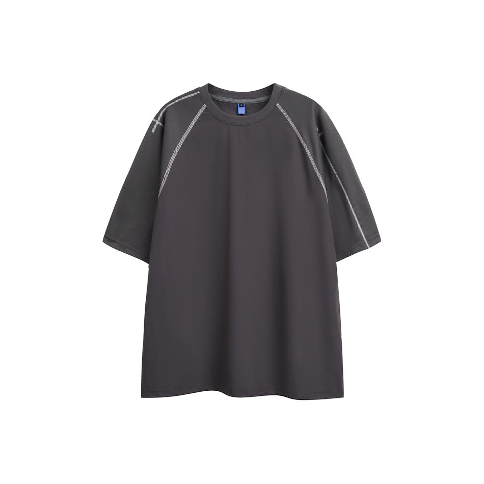 Dark purple-gray raglan T-shirt with lighter gray sleeves and contrast stitching, front view on white background