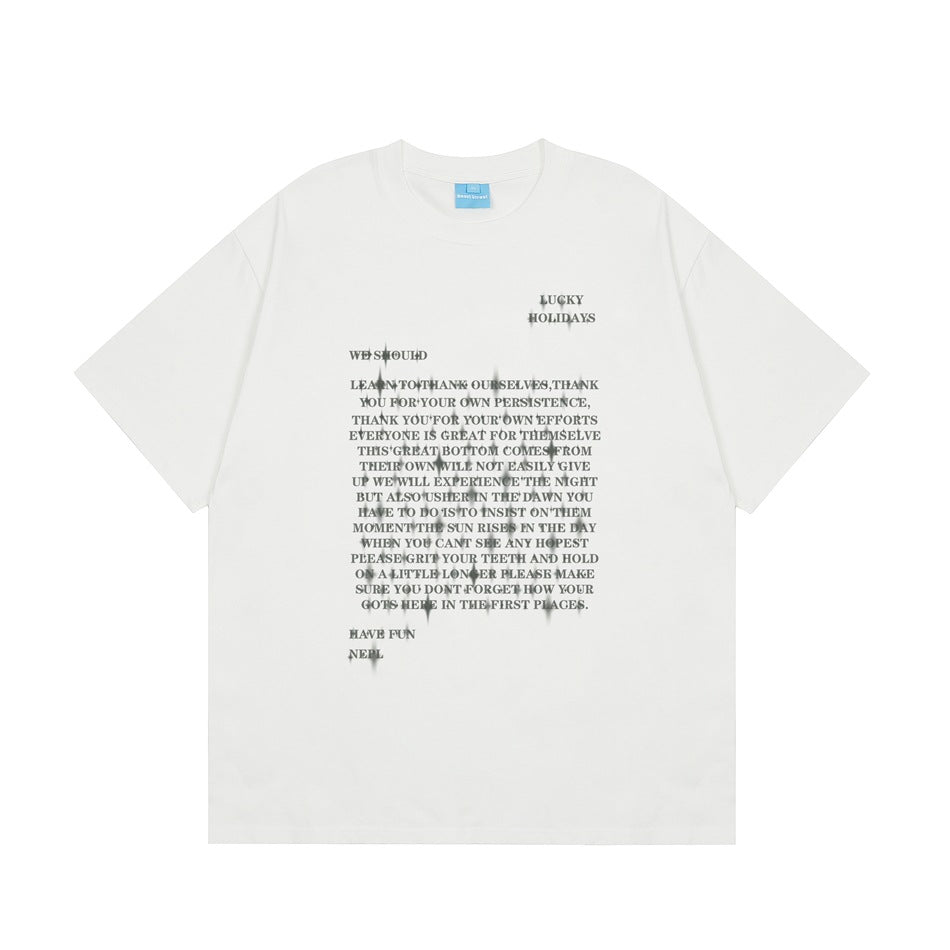 White short-sleeve crew-neck T-shirt with gray English text and sparkle graphic on the front