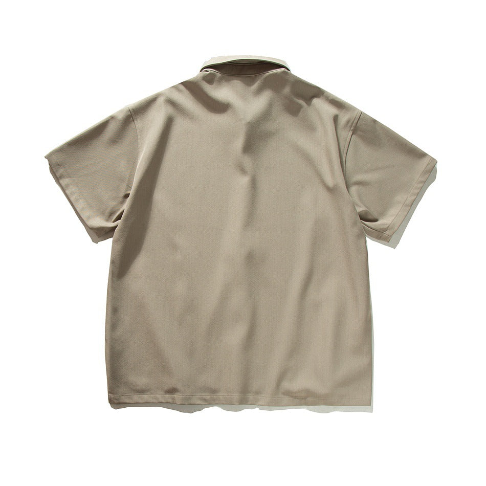 Back view of khaki short-sleeve shirt, plain back with collar and short sleeves, flat lay