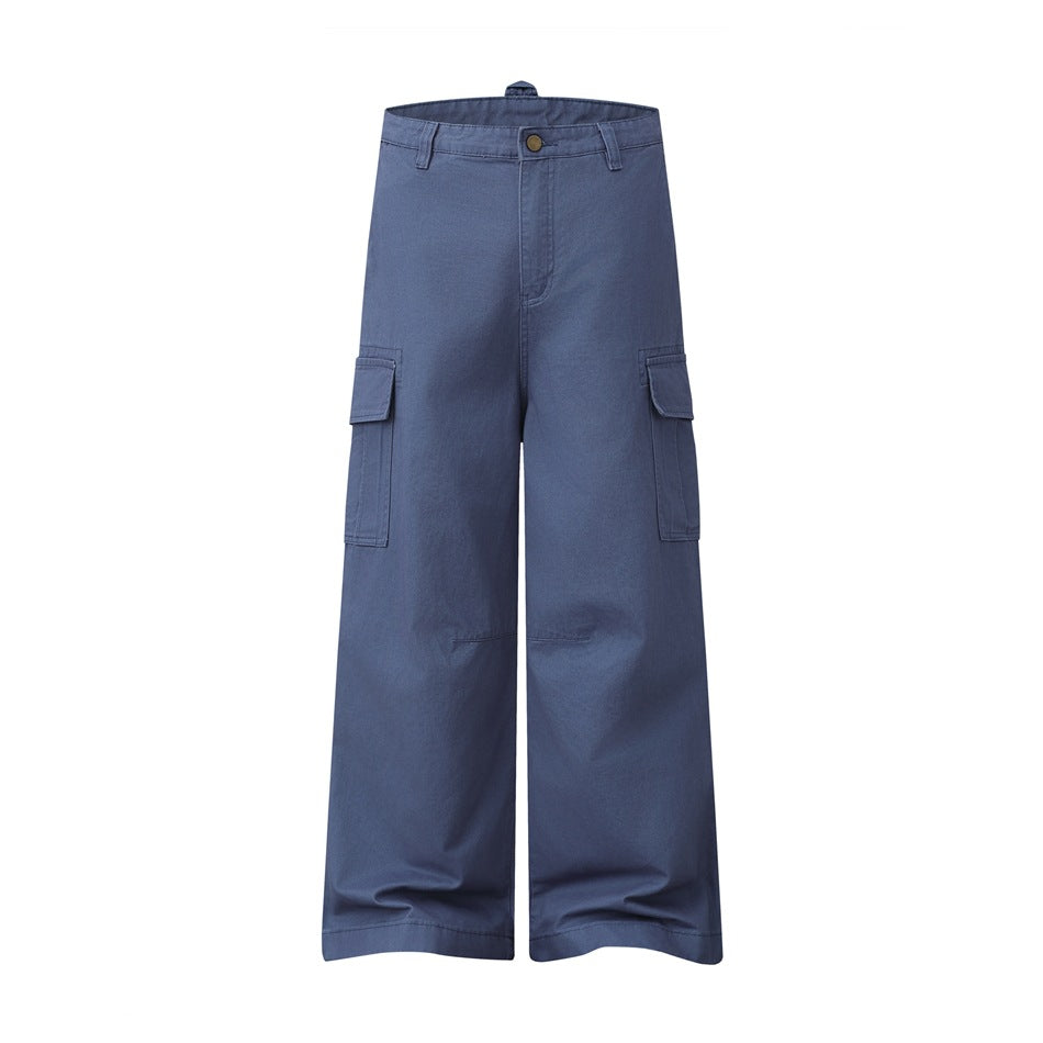 Blue wide-leg cargo pants with flap side pockets, belt loops and button fly, flat front view