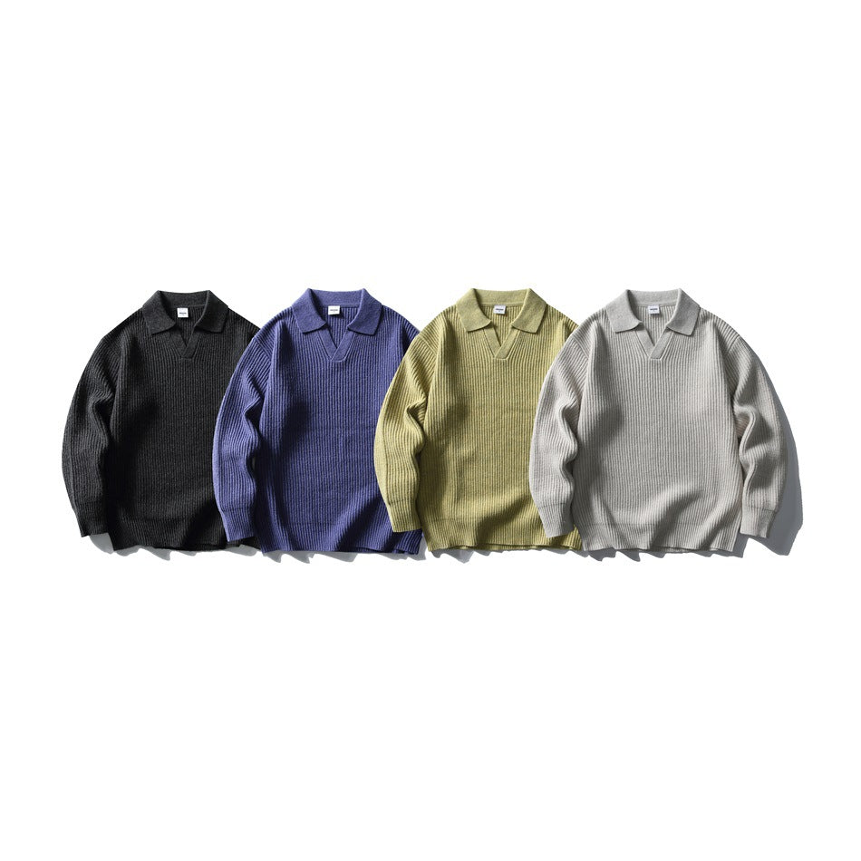 Four front-view ribbed polo sweaters in black, blue, olive, and light gray.
