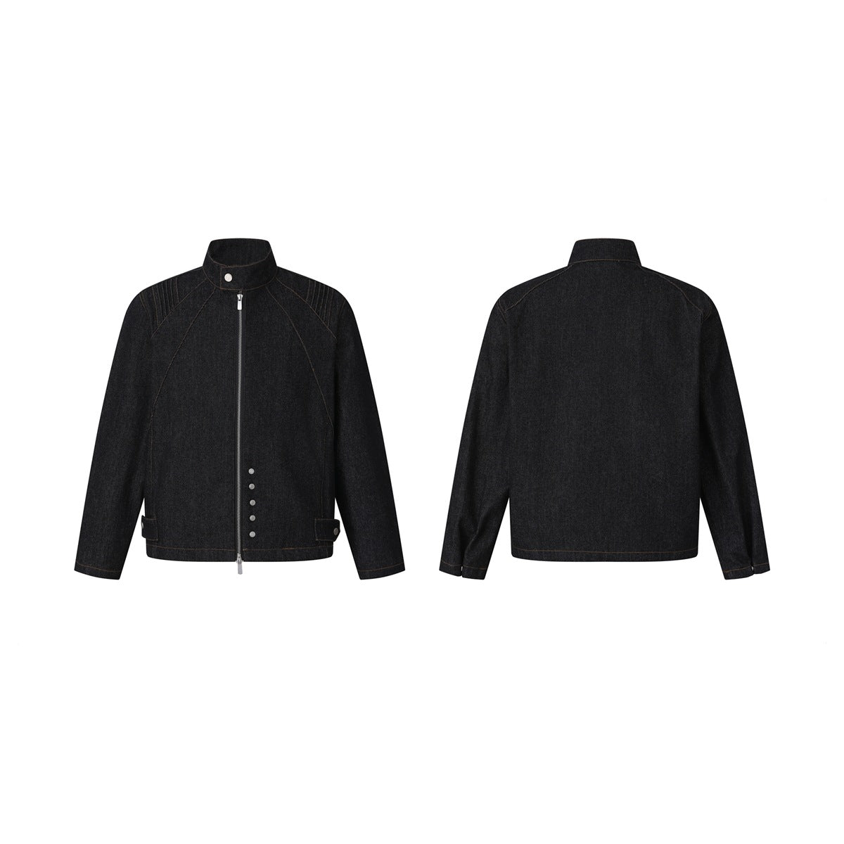 Black denim jacket shown from the front and back, with a stand collar, zip front, and contrast stitching.