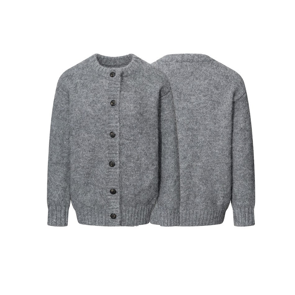 Gray button-front cardigan shown from the front and back, with long sleeves and ribbed cuffs and hem.