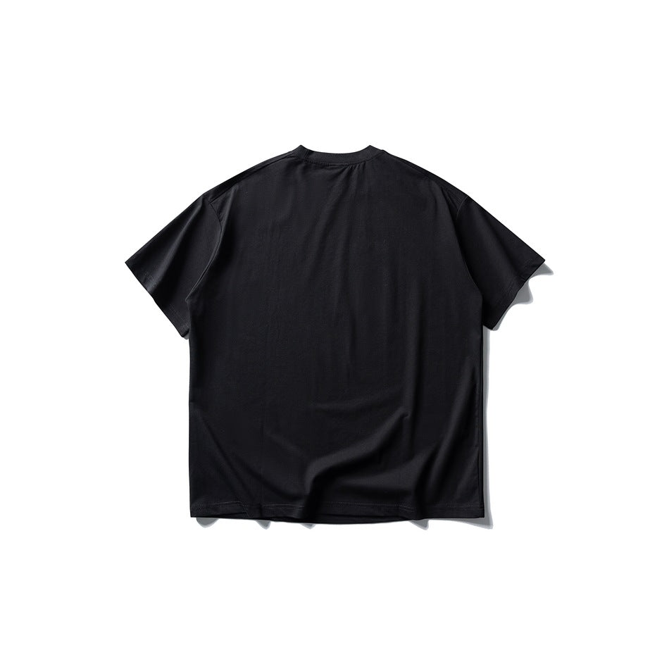 Black short-sleeve T-shirt, plain back view flat lay