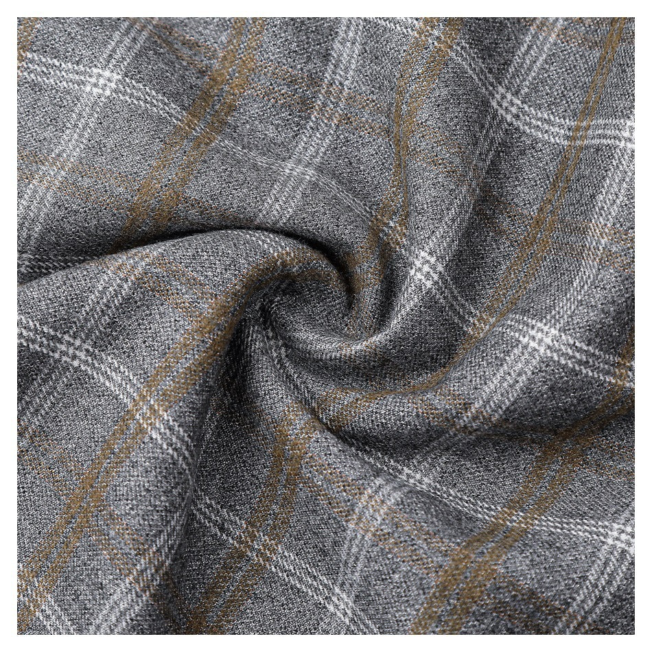 Gray plaid fabric gathered into a swirl, showing its white and tan pattern.