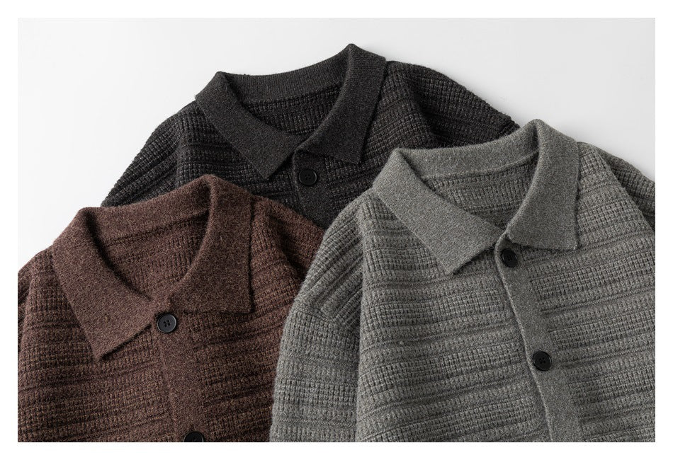 Close-up of three collared button-front knit cardigans in charcoal, gray, and brown.