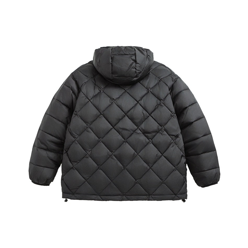 Back view of a charcoal gray hooded jacket with diamond quilting and long sleeves.