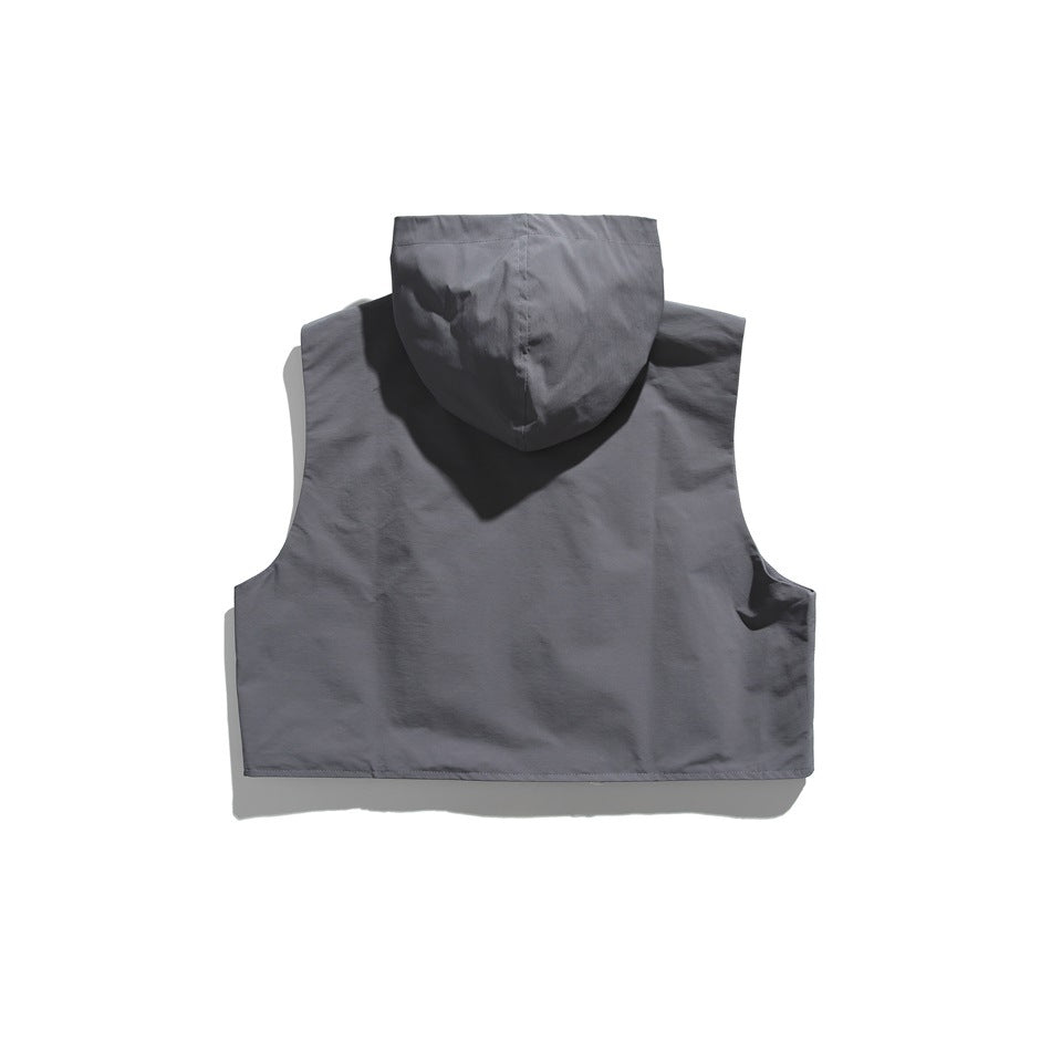 Back view of a gray sleeveless vest with an attached hood.
