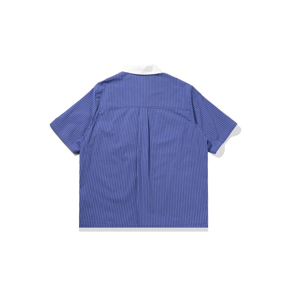 Back view of a blue vertically striped short-sleeve shirt with a white collar, laid flat on a white background.