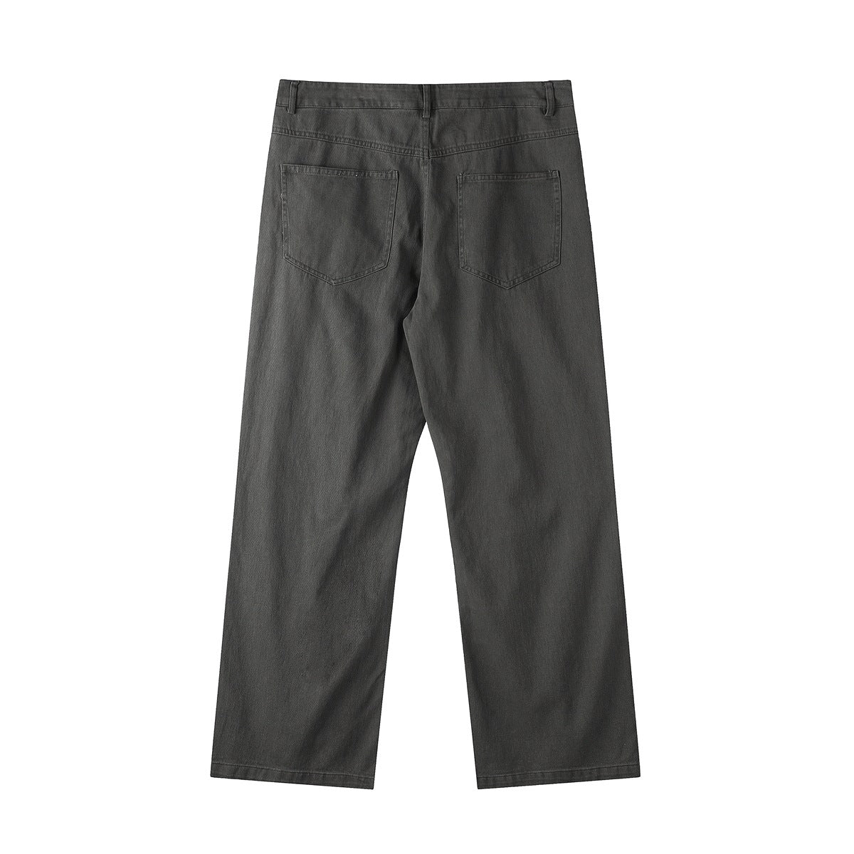 Back view of charcoal straight-leg pants with belt loops and two patch pockets.