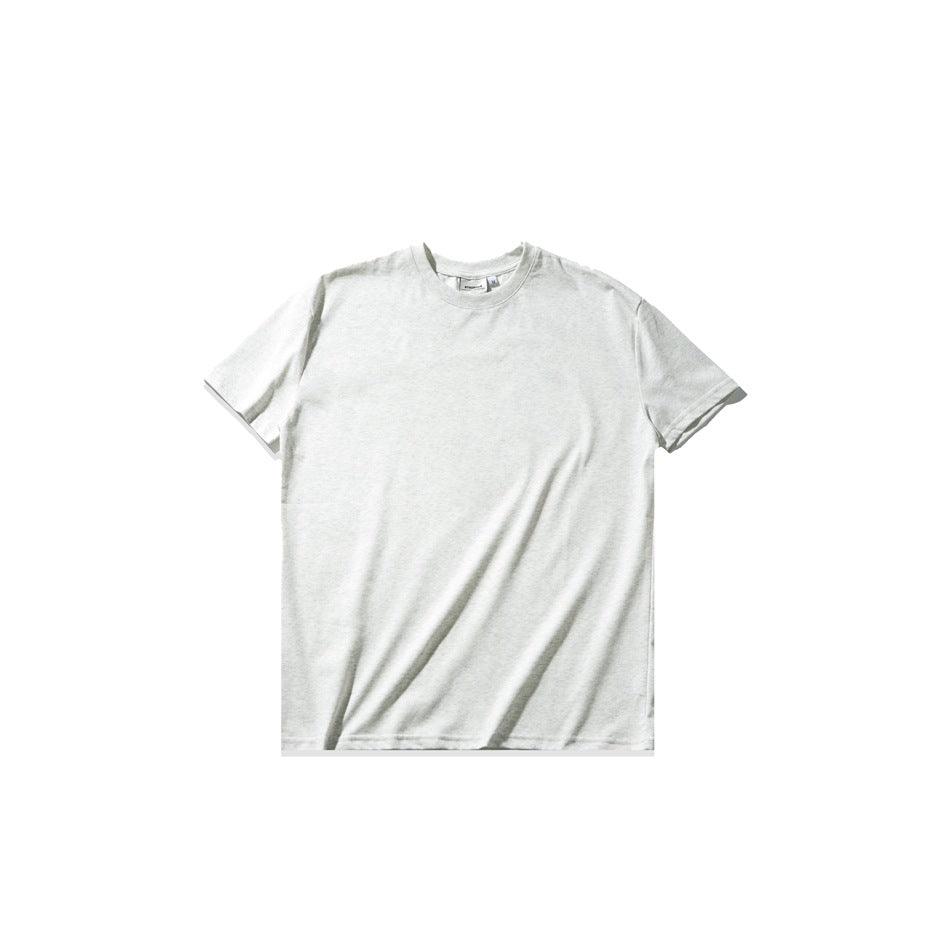 Heather gray short-sleeve crew-neck T-shirt laid flat, front view