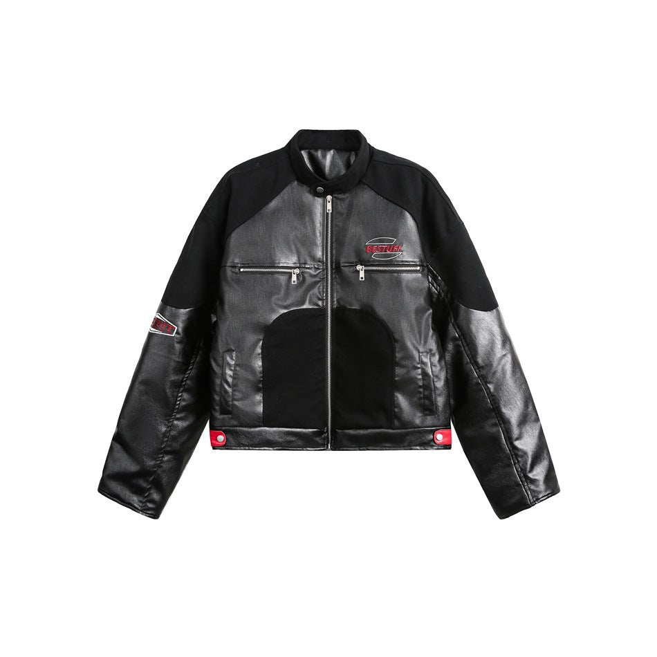 Black leather-look racer jacket with matte black panels, front zip, chest zip pockets and red hem snap tabs