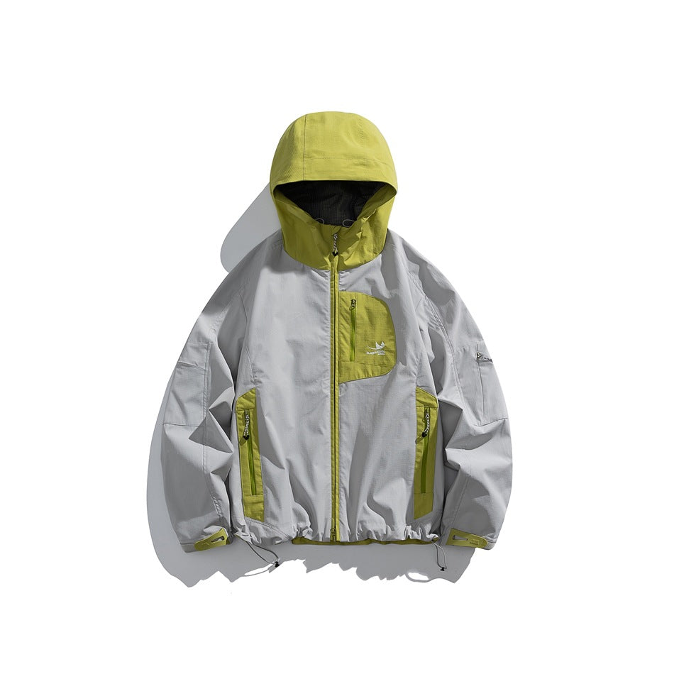 Gray hooded zip jacket with lime green hood, chest panel and pocket panels, front view on white background