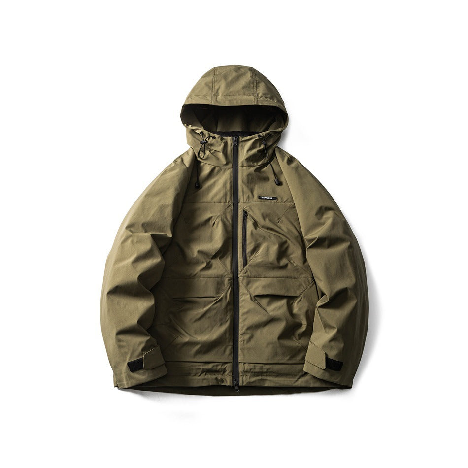 Front view of an olive hooded jacket with a full-length zipper, drawstrings and multiple pockets.