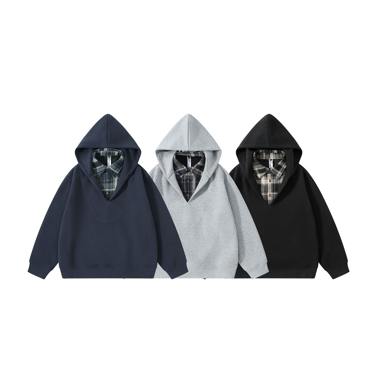 Three front-view hoodies in navy, light gray, and black, each layered over a plaid button-up shirt.